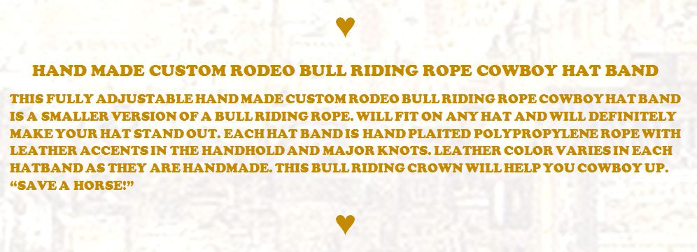 ♥ HAND MADE POLYPROPYLENE & LEATHER CUSTOM RODEO BULL RIDING ROPE COWBOY HAT BAND ♥